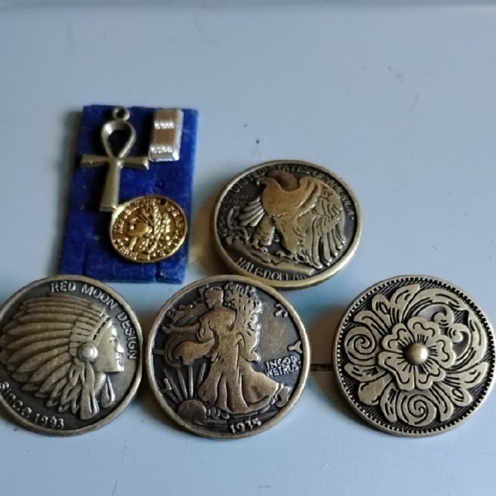 Vintage Coins Buttons &Ankh Pendant Set